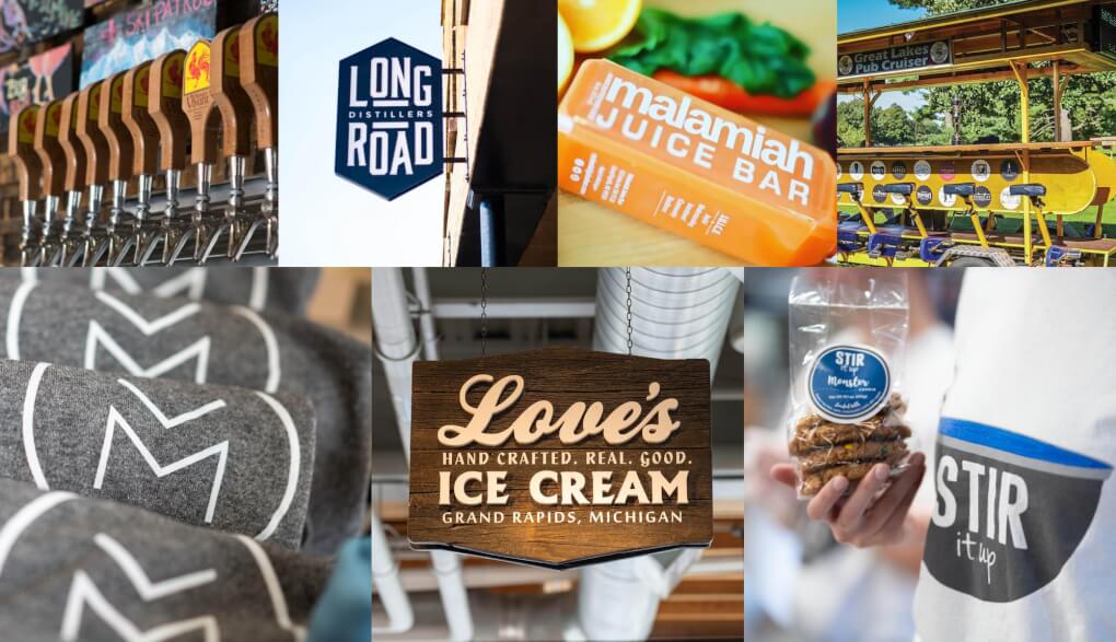 Photo collage, beer taps at brewery vivant, long road distillers sign, malamiah juice bar juice, Great lakes pub cruiser, T-Shirts at Muse, Love's ice cream sign and Stir it Up Cookies.